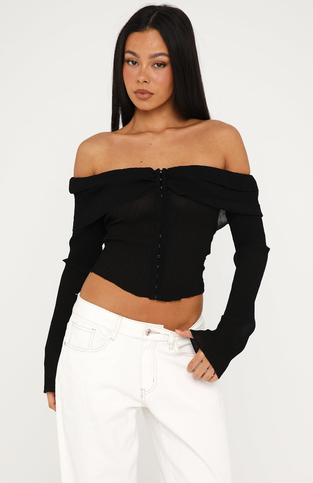 Mood Forever Long Sleeve Off Shoulder Top Black