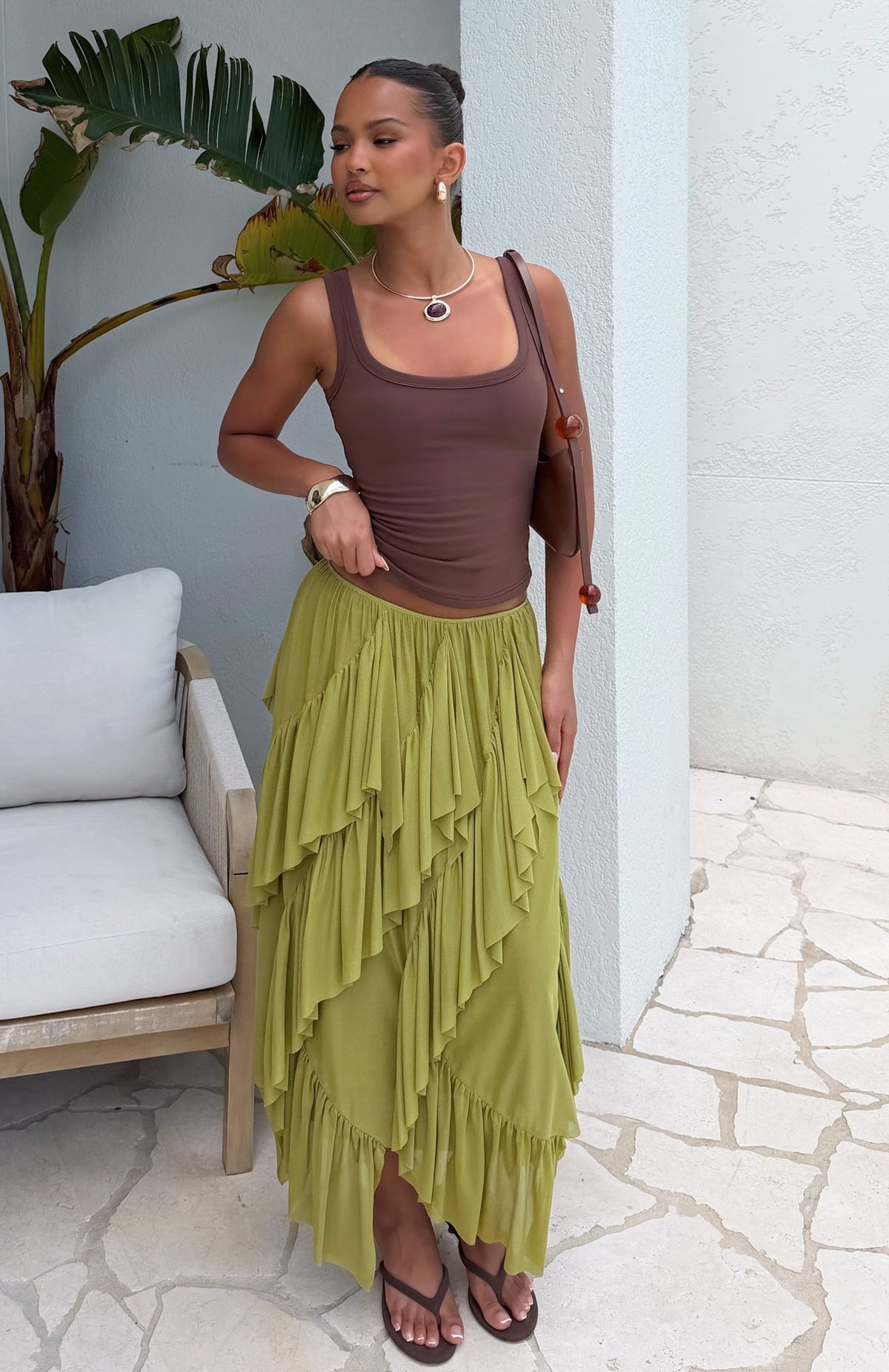 Sunset Strolls Midi Skirt Matcha