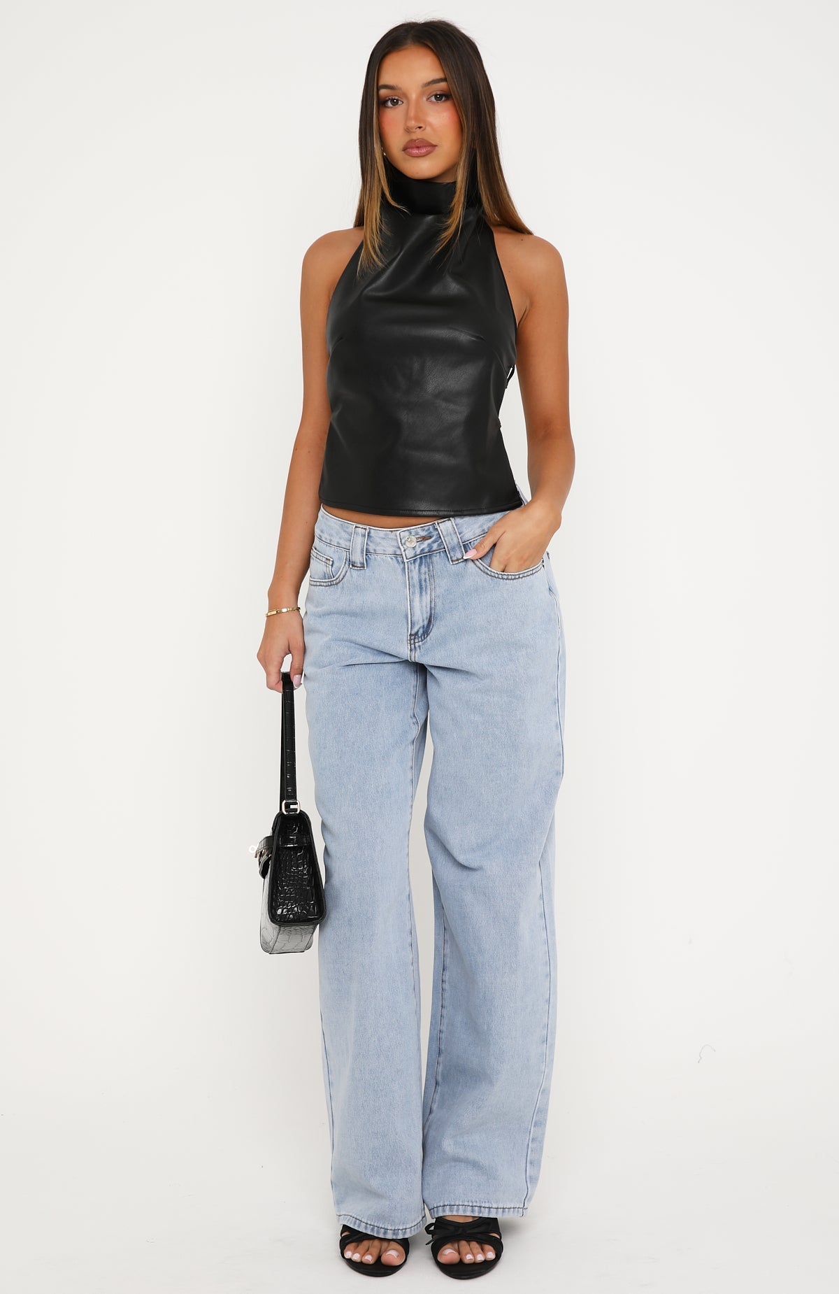 Time Passes PU Halter Top Black