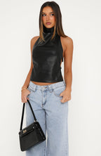Time Passes PU Halter Top Black