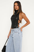 Time Passes PU Halter Top Black