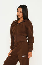 Wishing For It Cropped Cinched Zip Front Hoodie Chocolate