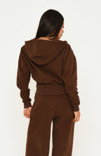 Wishing For It Cropped Cinched Zip Front Hoodie Chocolate