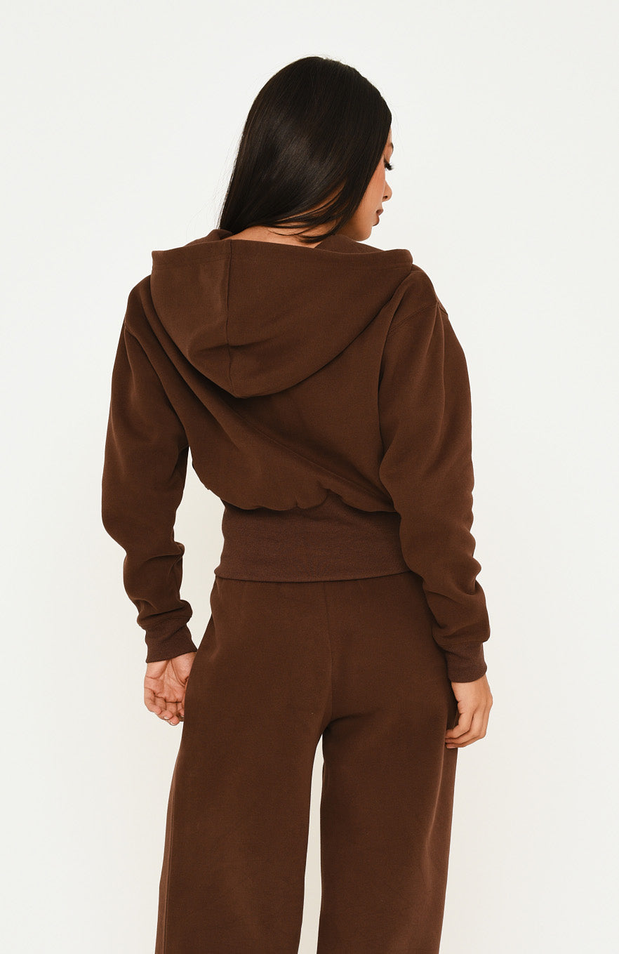 Wishing For It Cropped Cinched Zip Front Hoodie Chocolate